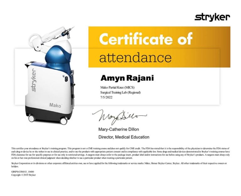 Dr. Amyn Rajani's Stryker Mako System Certification for Partial Knee Robotic Surgery