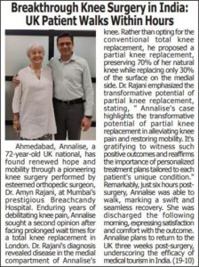 Free Press Gujarat (Ahmedabad) - Breakthrough Knee Surgery in India UK Patient Walks Within Hours - Dr. Amyn Rajani