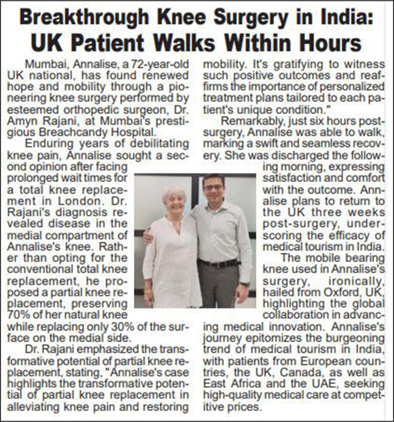 Western Times (Ahmedabad) - Breakthrough Knee Surgery in India UK Patient Walks Within Hours - Dr. Amyn Rajani