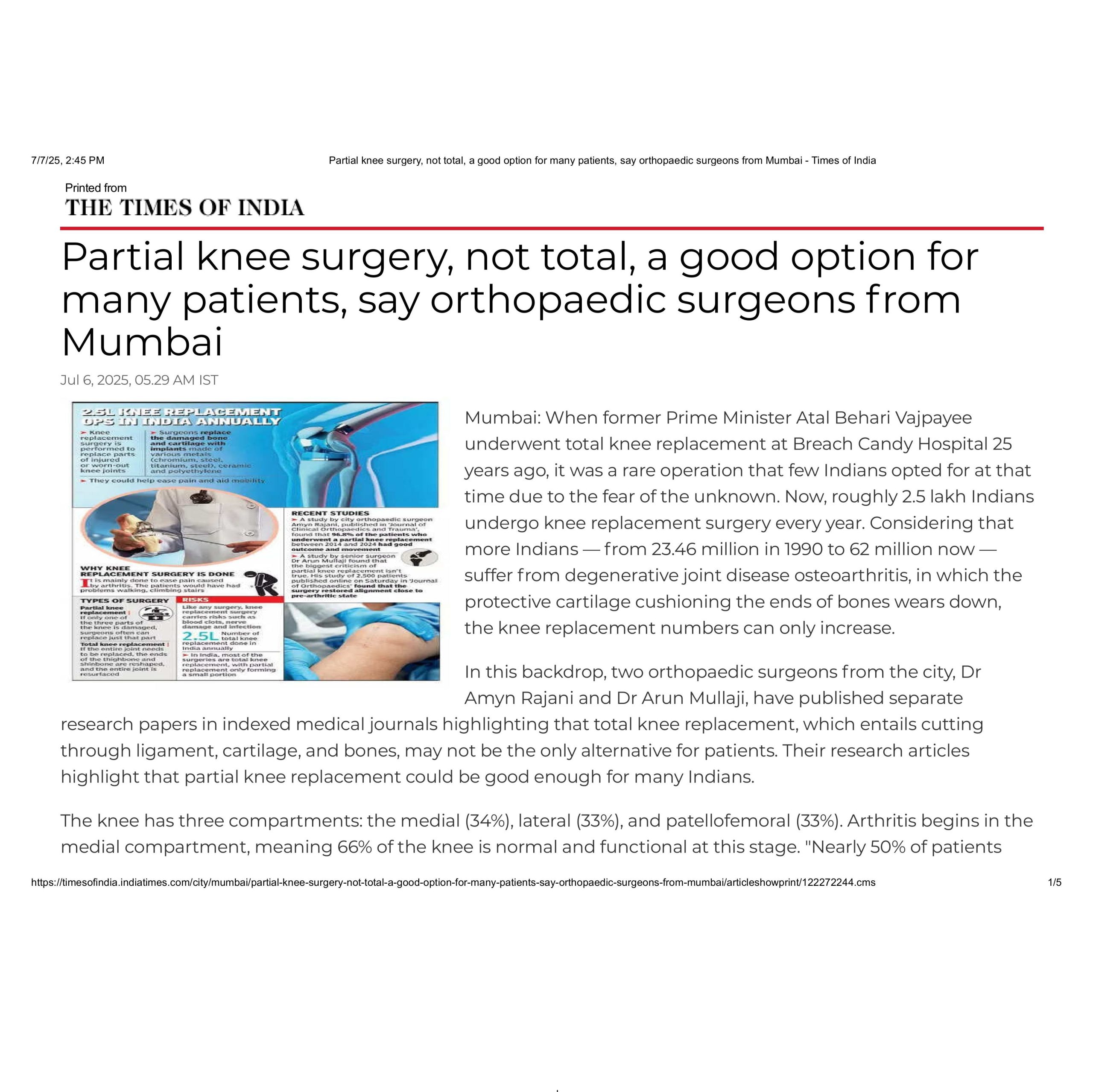 Partial knee surgery, not total, a good option for many patients, say orthopaedic surgeons from Mumbai - Times of India