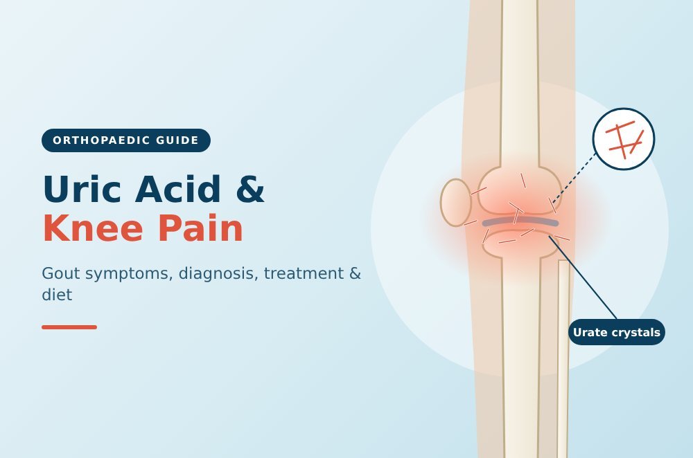 Can Uric Acid Cause Knee Pain? 1 Uric acid knee pain illustration showing urate crystals and gout inflammation in the knee joint